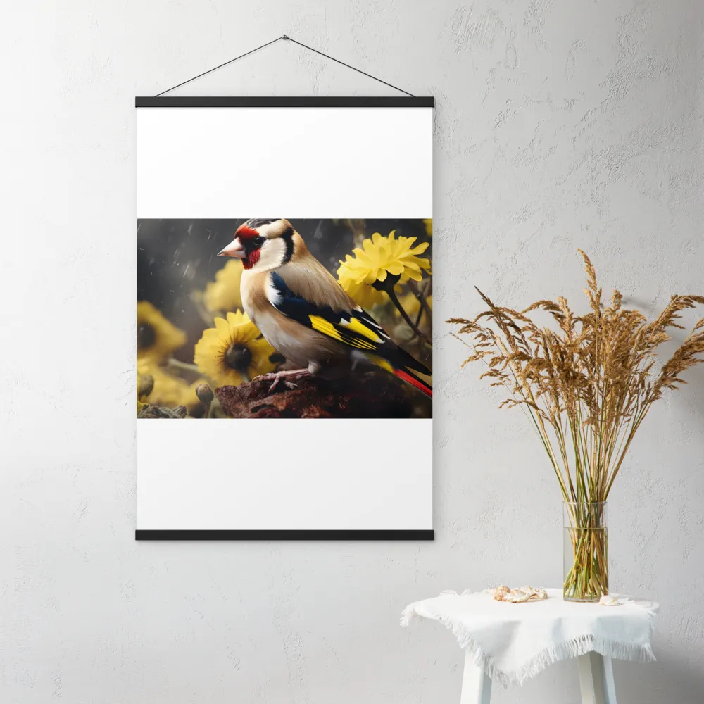 Harmony in Nature: A Goldfinch Amidst Blooms | Poster With Black Wood Hanger | 24″×36″