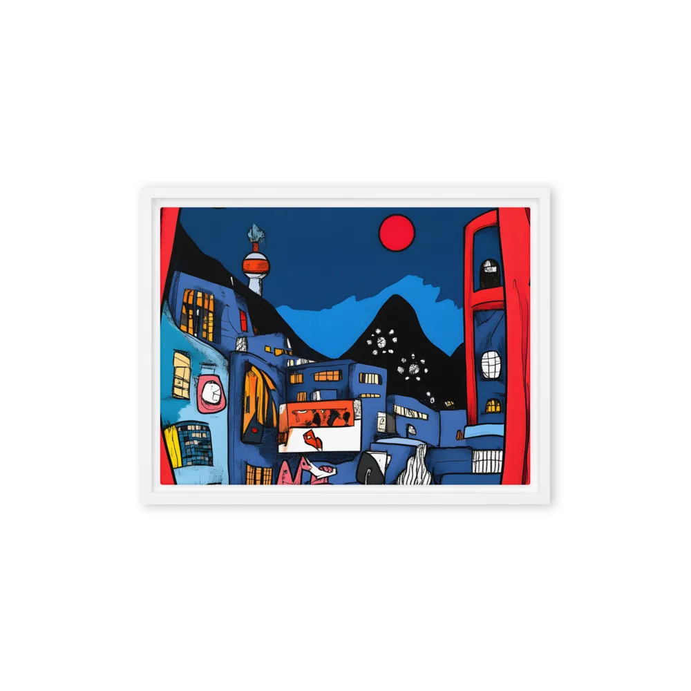 Whimsical Cityscape at Night | Canvas with White Frame | 12″×16″