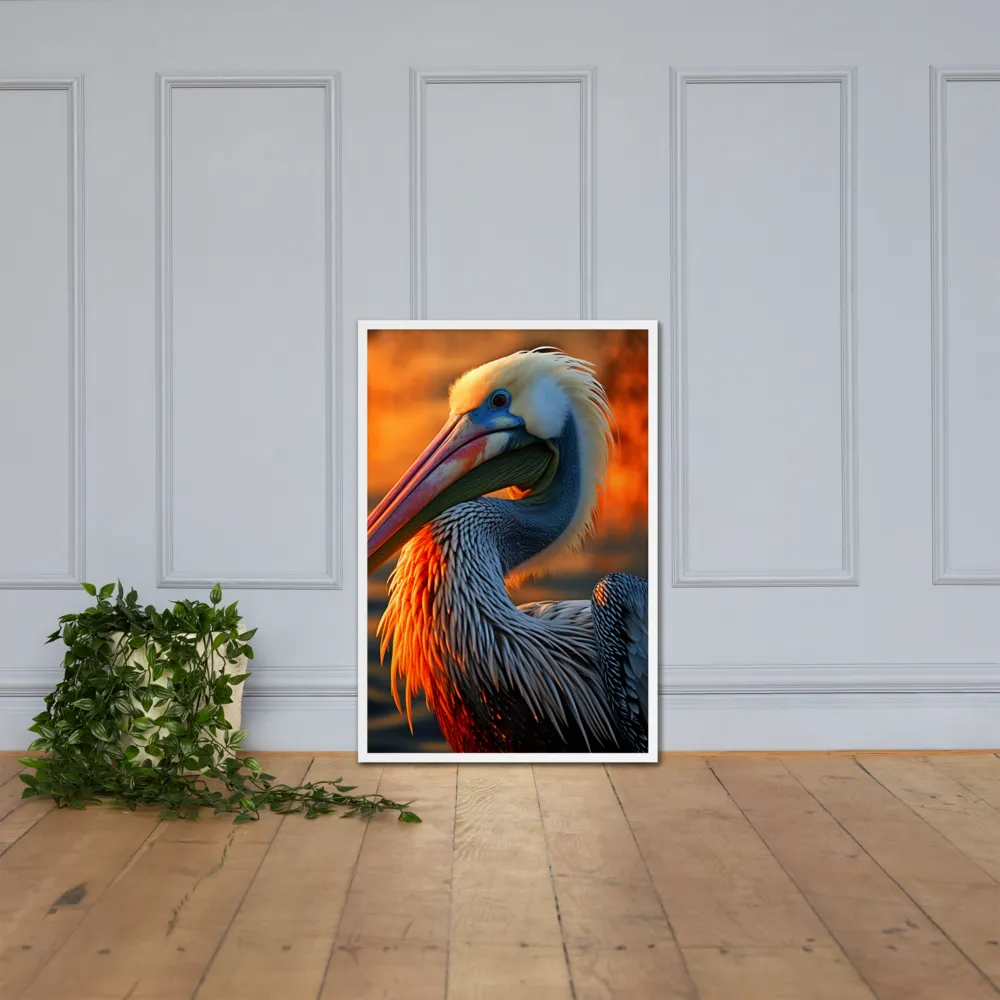 Elegance of the Pelican at Sunset | Poster with White Frame | 24″×36″