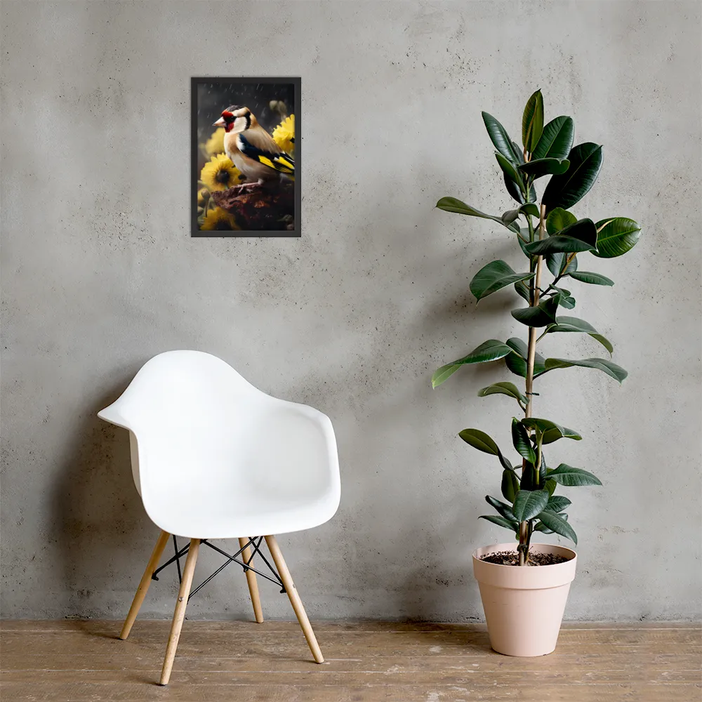 Harmony in Nature: A Goldfinch Amidst Blooms | Poster with Black Frame | 12″×18″