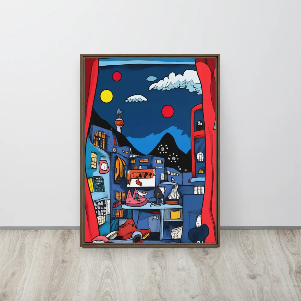 Whimsical Cityscape at Night | Canvas with Brown Frame | 20″×28″