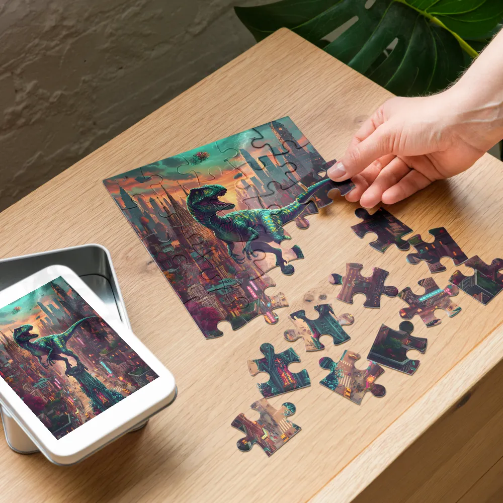 Raptor Over Metropolis 
 Jigsaw Puzzle in Tin Box