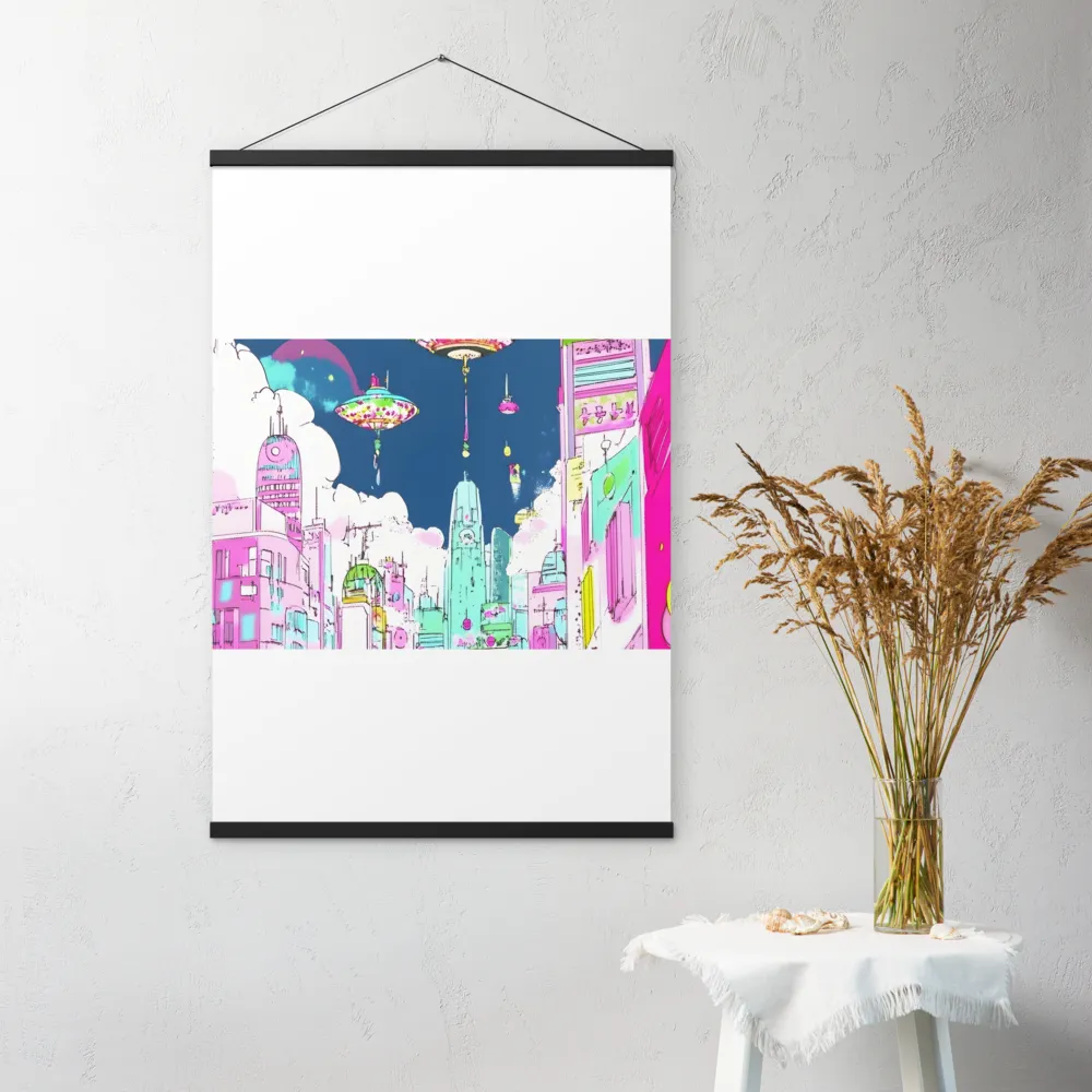 Futuristic Cityscape with Floating Structures | Poster With Black Wood Hanger | 24″×36″