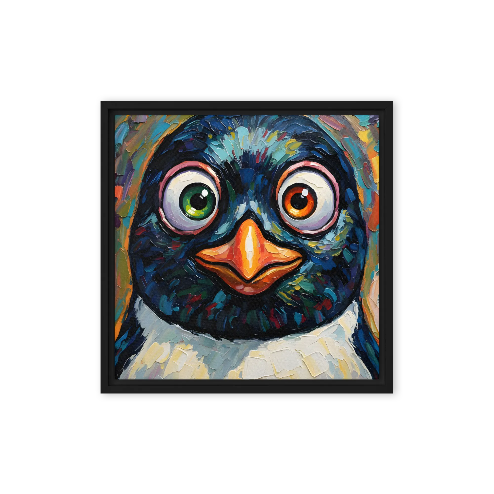 Wide‑Eyed Penguin 
 Canvas with Black Frame