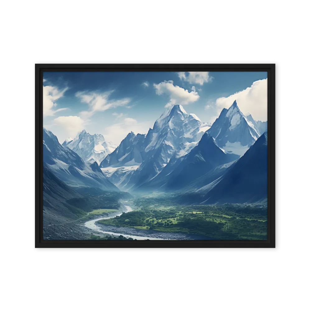 Majestic Serenity: A Landscape of Mountains and Rivers | Canvas with Black Frame | 18″×24″