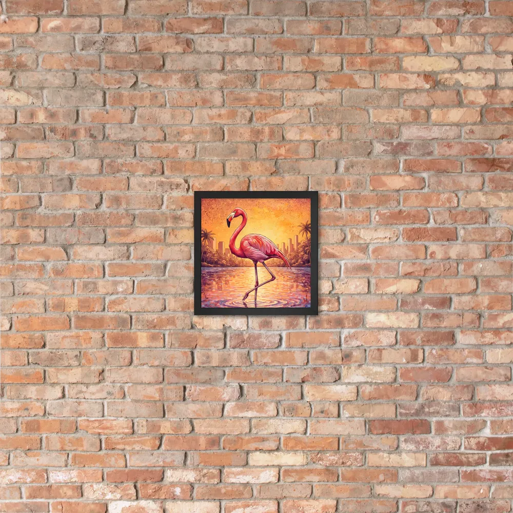 Sunset Mosaic Flamingo 
 Poster with Black Frame | 12″x 12″
