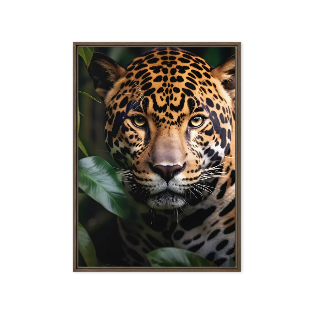 The Intensity of Nature: A Jaguar’s Gaze | Canvas with Brown Frame | 20″×28″