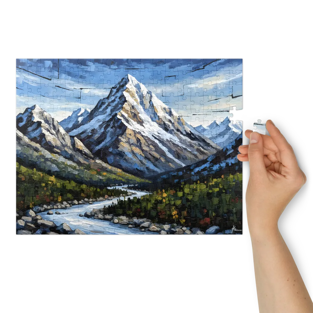 Impasto Mountain River Valley 
 Jigsaw Puzzle in Tin Box