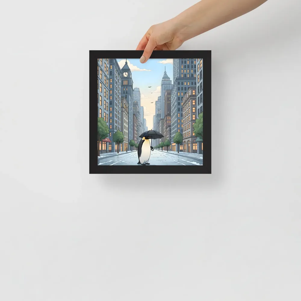 Penguin in the City 
 Poster with Black Frame | 10″x 10″