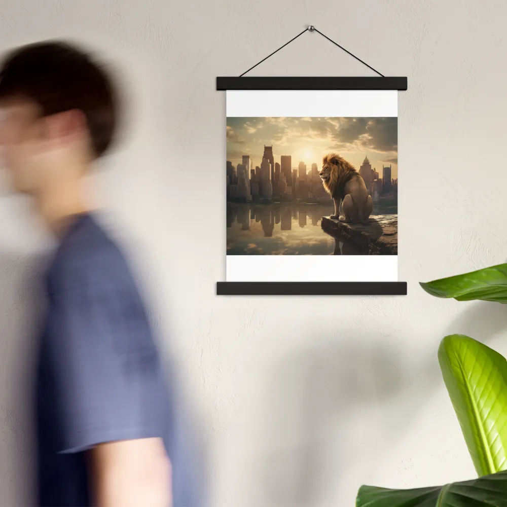 The Lion's Gaze Over the Urban Symphony | Poster With Black Wood Hanger | 11″×14″