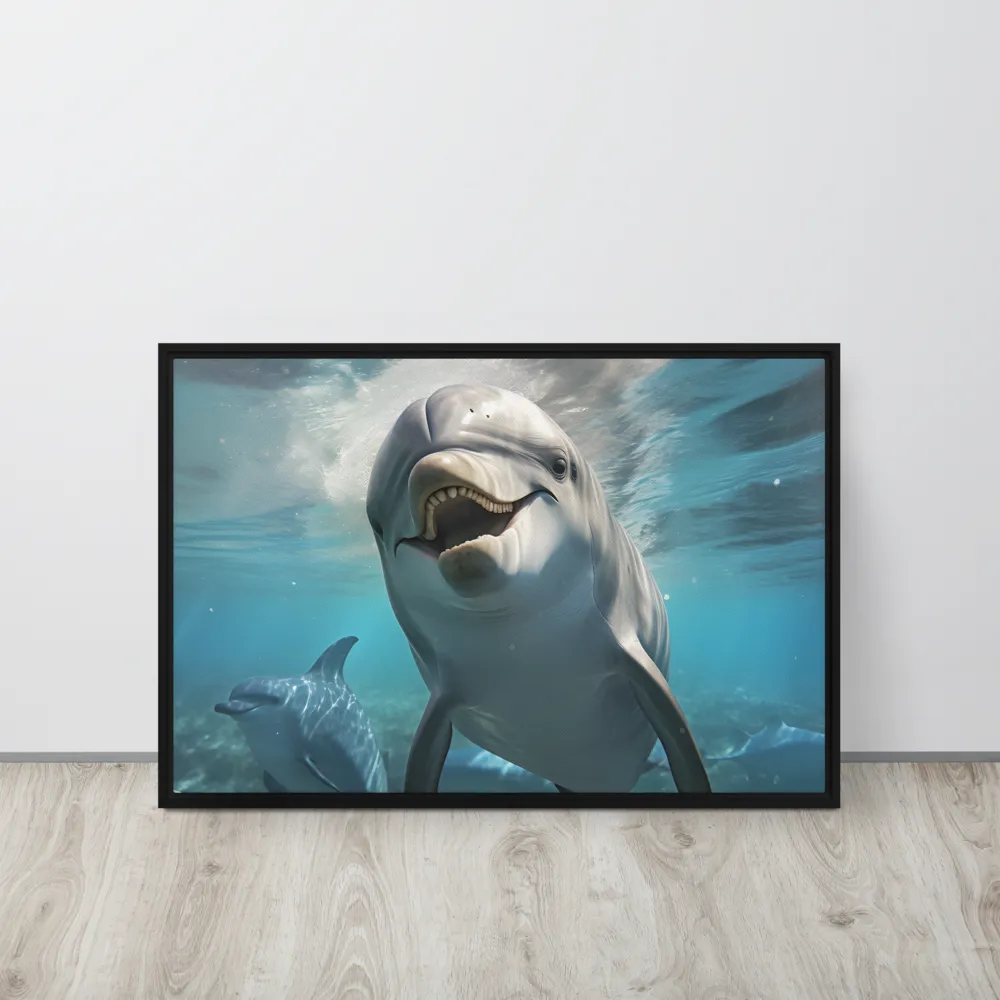 Beneath the Waves: A Dolphin's Dance | Canvas with Black Frame | 20″×30″