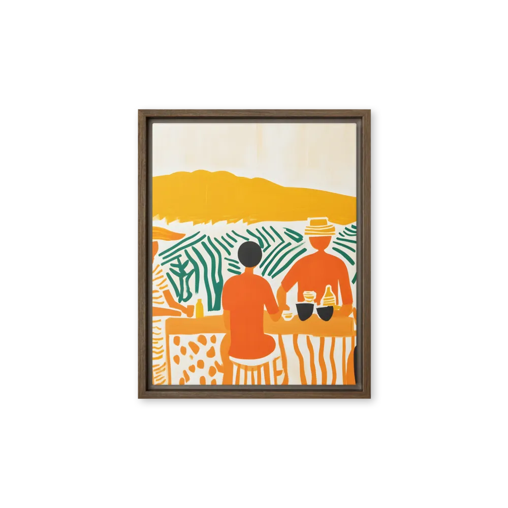 Summer Vibes: Café Conversations | Canvas with Brown Frame | 11″×14″