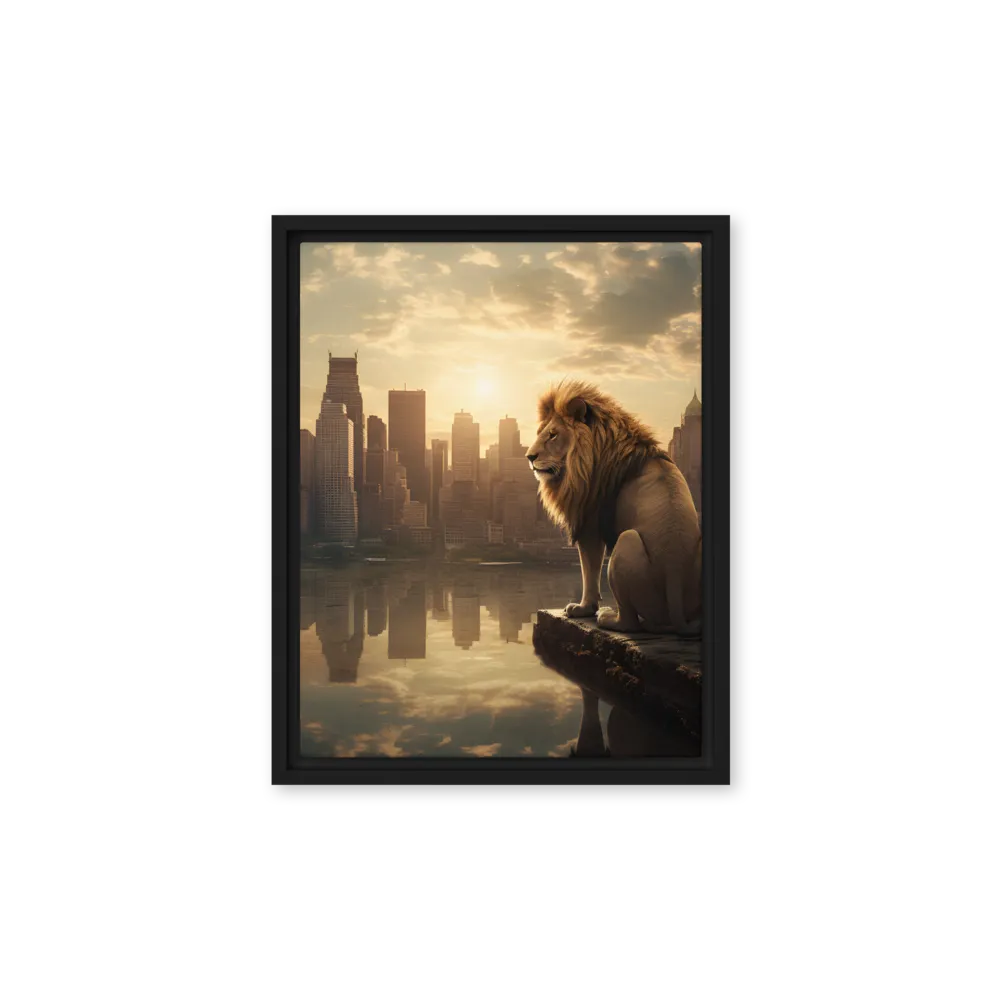 The Lion's Gaze Over the Urban Symphony | Canvas with Black Frame | 11″×14″