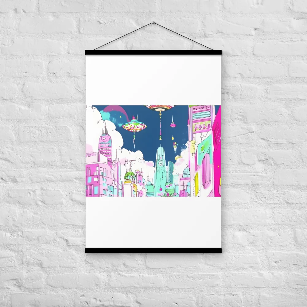 Futuristic Cityscape with Floating Structures | Poster With Black Wood Hanger | 24″×36″