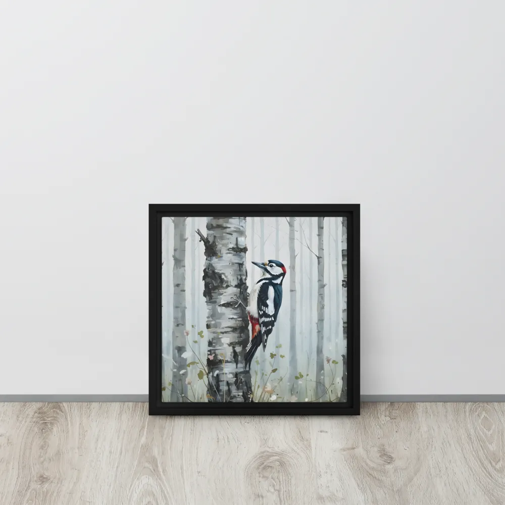 Woodpecker on Birch 
 Canvas with Black Frame | 12″x 12″