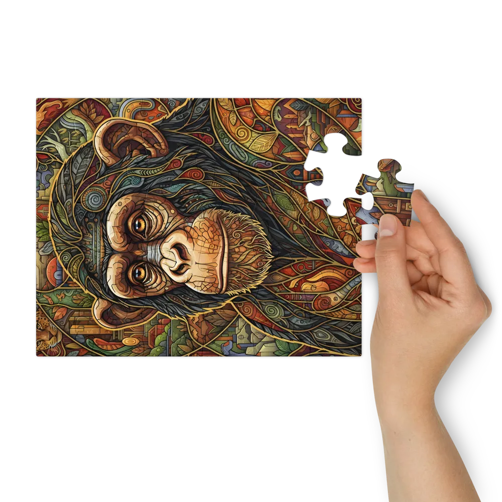 Stained-Glass Chimp 
 Jigsaw Puzzle in Tin Box