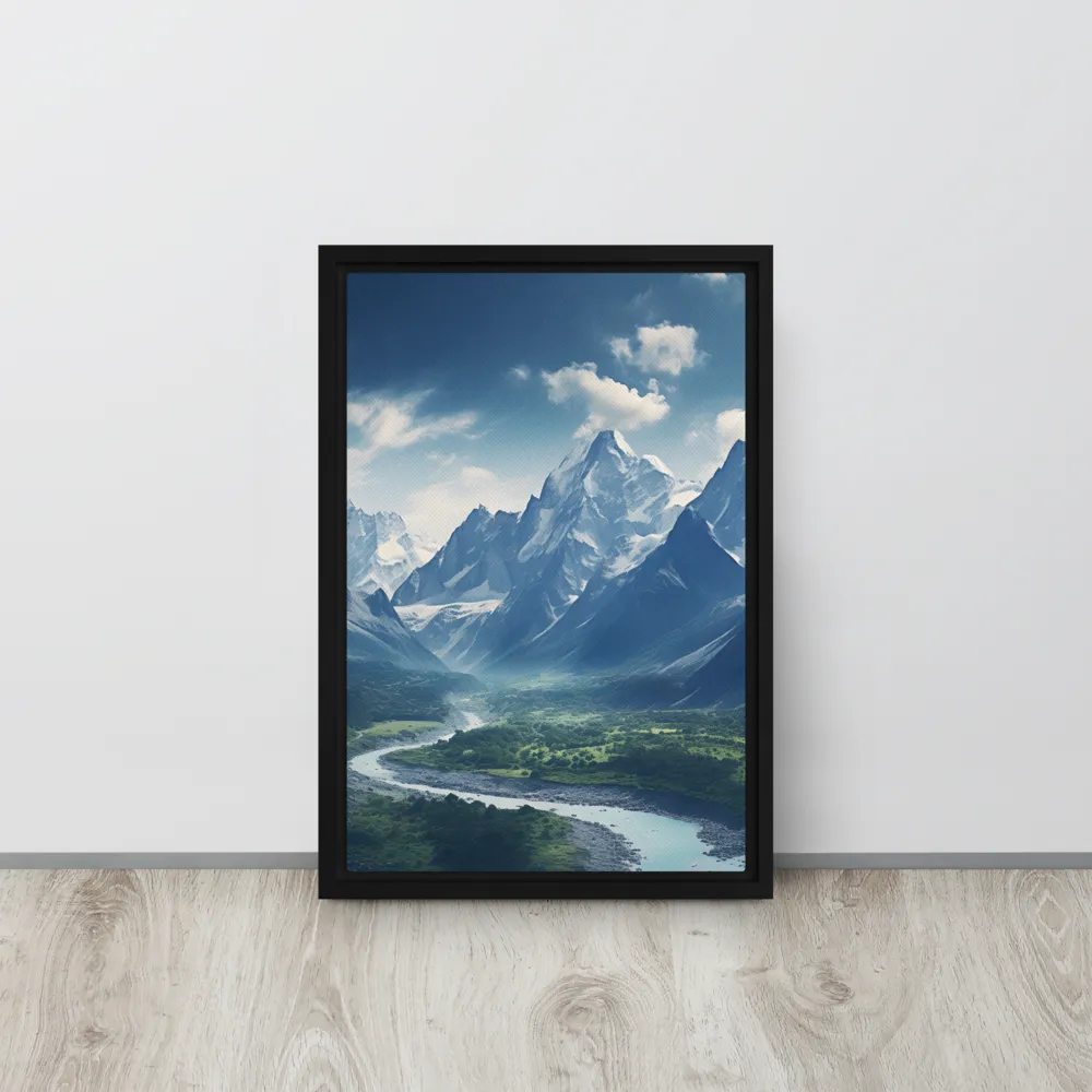 Majestic Serenity: A Landscape of Mountains and Rivers | Canvas with Black Frame | 12″×18″