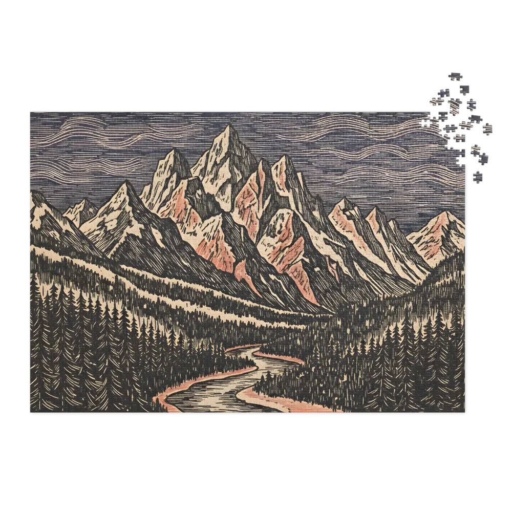 Alpine Riverwood Engraving 
 Jigsaw Puzzle in Tin Box