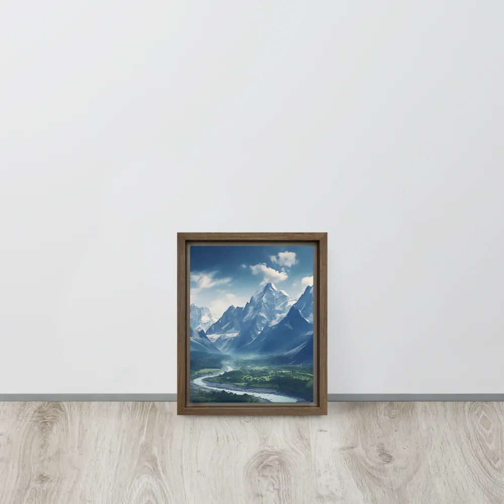 Majestic Serenity: A Landscape of Mountains and Rivers | Canvas with Brown Frame | 8″×10″