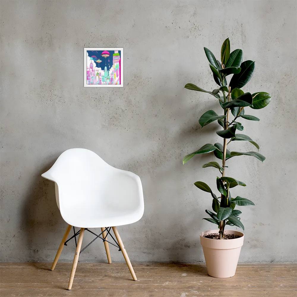 Futuristic Cityscape with Floating Structures | Poster with White Frame | 10″×10″