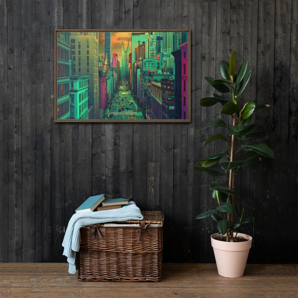 Urban Surrealism: Neon Dreams | Canvas with Brown Frame | 24″×36″