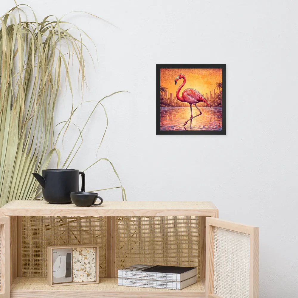 Sunset Mosaic Flamingo 
 Poster with Black Frame | 12″x 12″