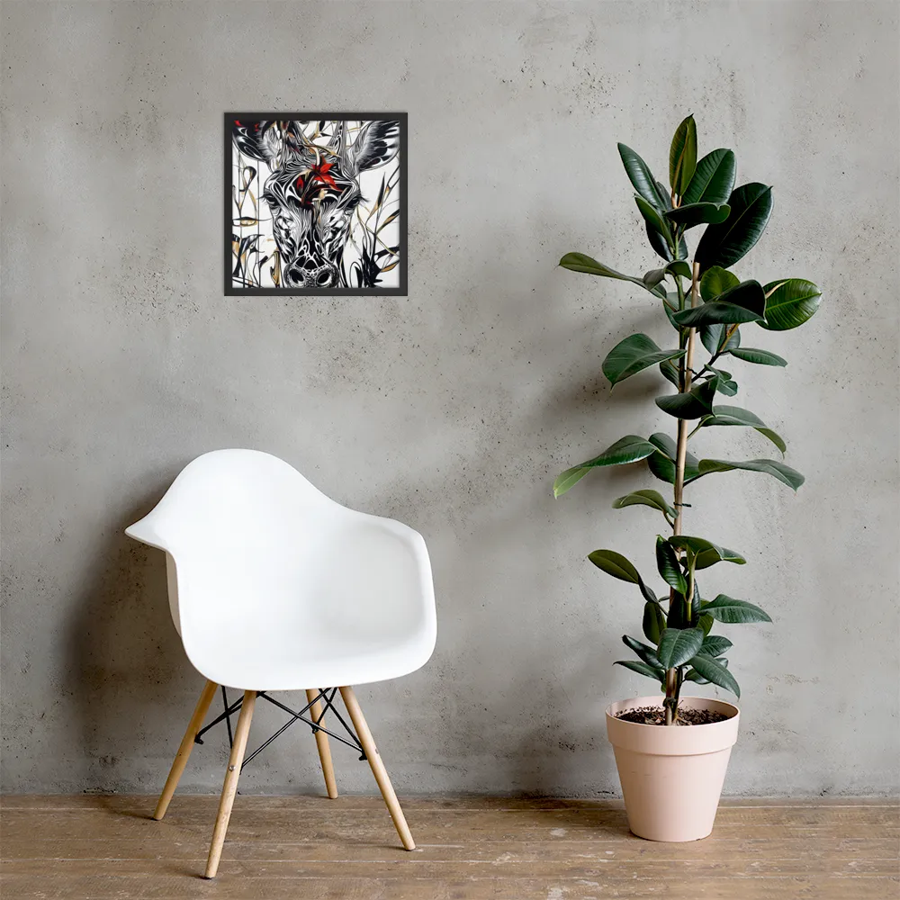 Floral Elegance: The Giraffe's Portrait | Poster with Black Frame | 16″×16″