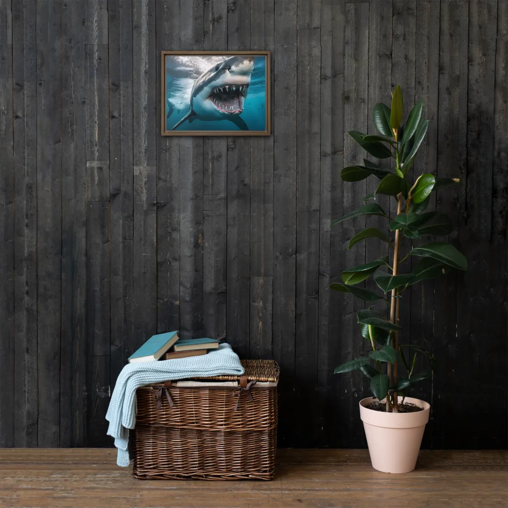 Majesty of the Ocean: The Great White Shark | Canvas with Brown Frame | 12″×16″