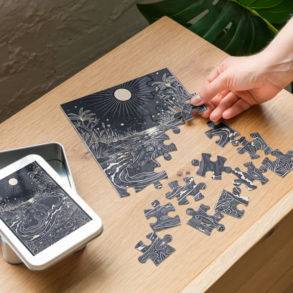 Moonlit Hippo 
 Jigsaw Puzzle in Tin Box
