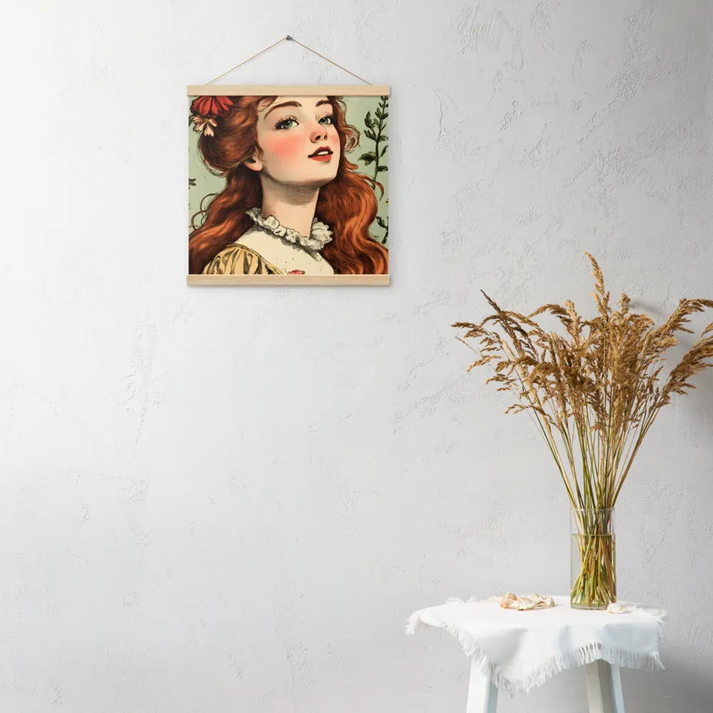 Whimsical Portrait of a Flower-Adorned Girl | Poster With Oak Wood Hanger | 16″×16″