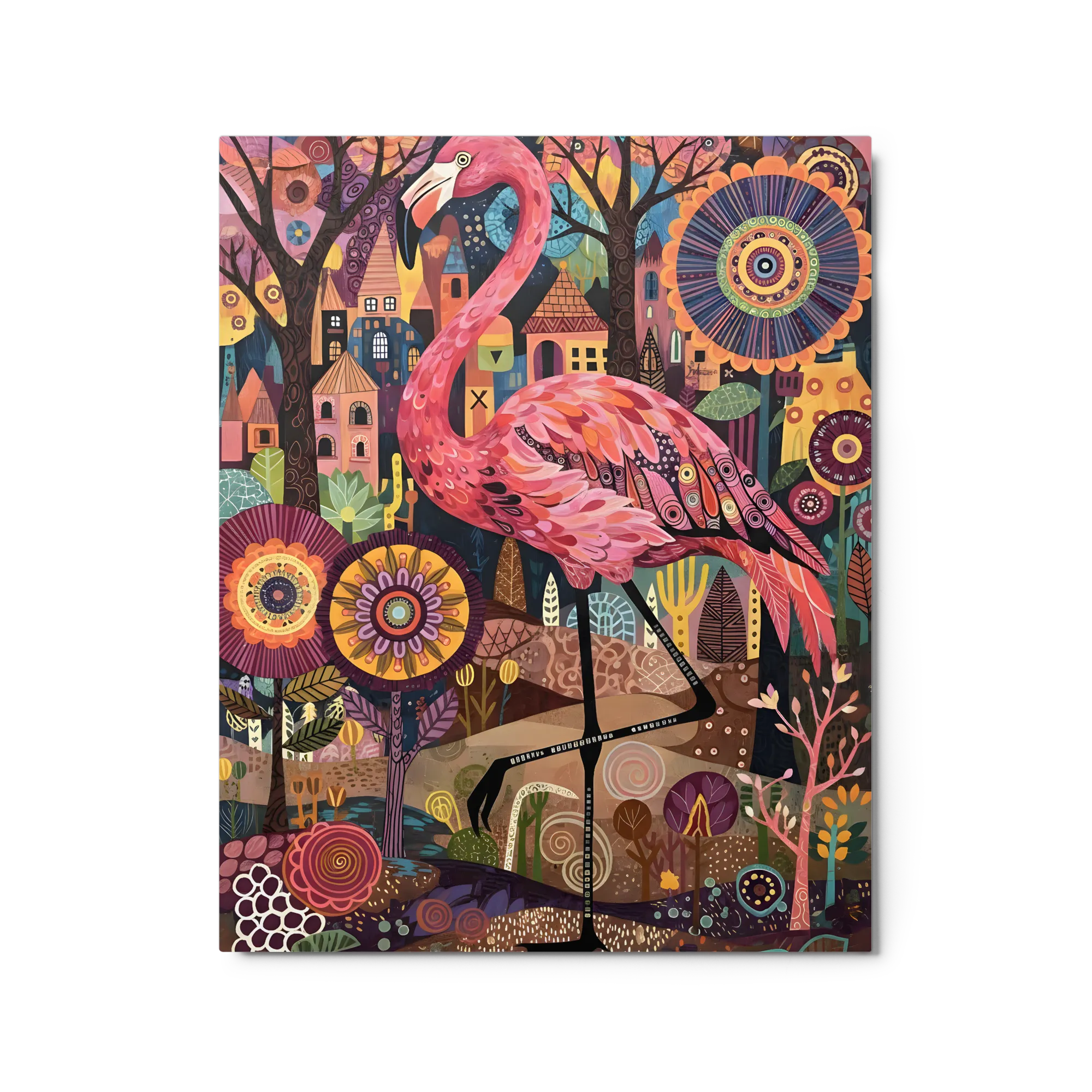 Pink Flamingo Garden 
 Metal Print | 16″x 20″