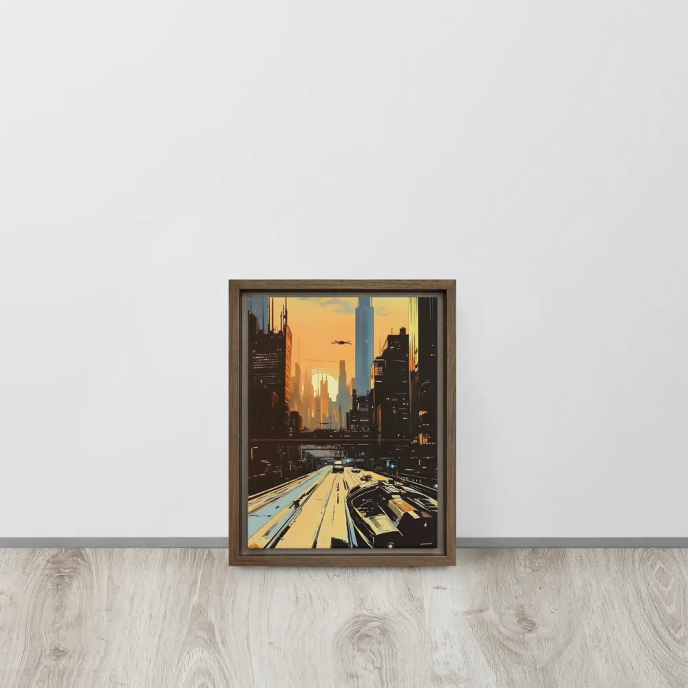 Metro Nexus: A Futuristic Cityscape | Canvas with Brown Frame | 9″×12″