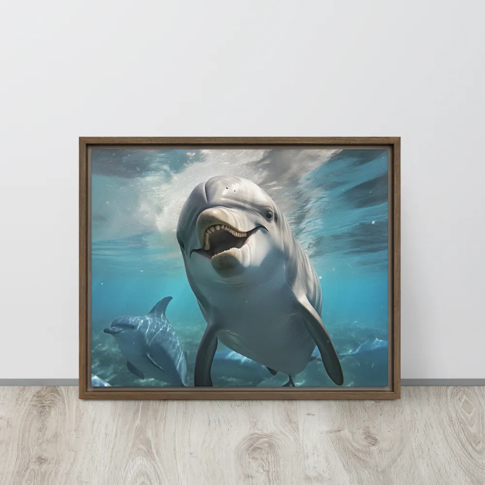 Beneath the Waves: A Dolphin's Dance | Canvas with Brown Frame | 16″×20″