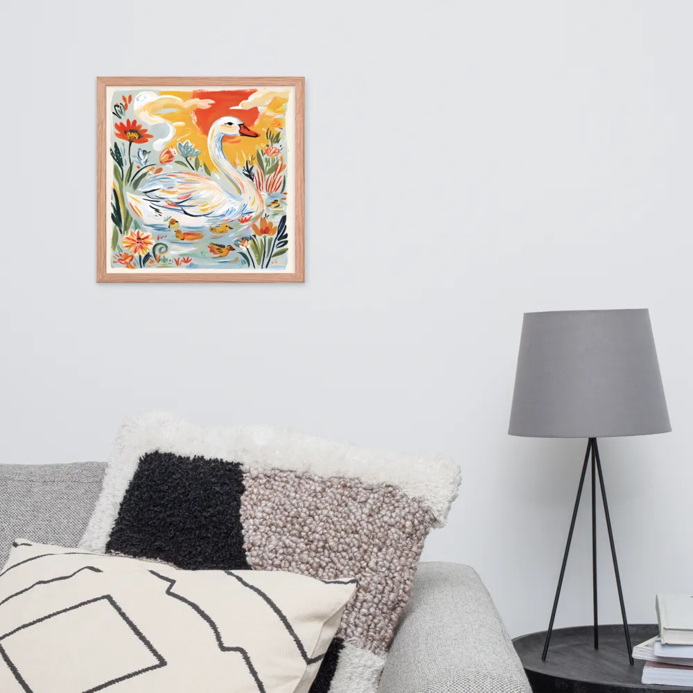 Swan and Ducklings 
 Poster with Red oak Frame | 16″x 16″
