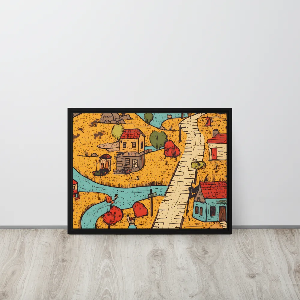 Whimsical Village Landscape | Canvas with Black Frame | 18″×24″