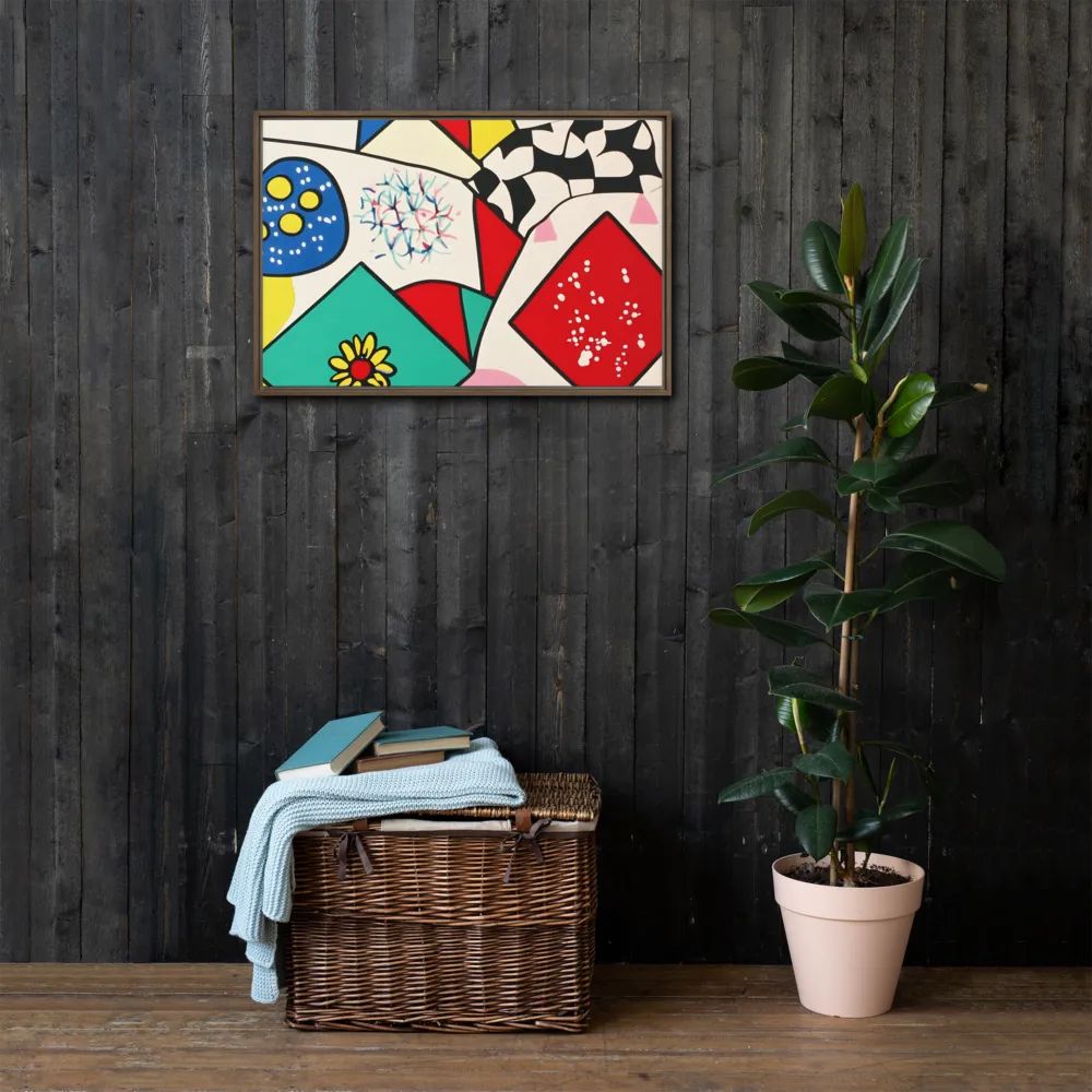 Joyful Geometry: A Playful Dance of Shapes and Colors | Canvas with Brown Frame | 20″×30″