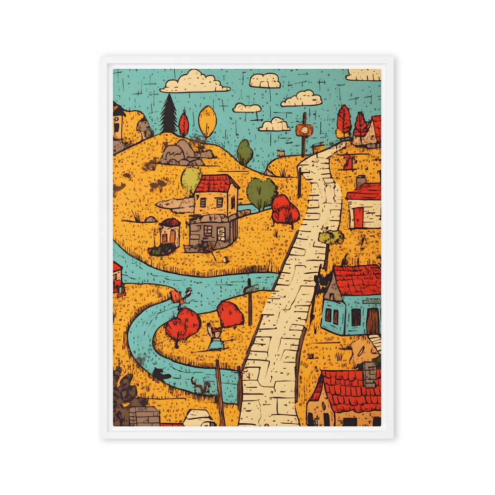 Whimsical Village Landscape | Canvas with White Frame | 24″×32″