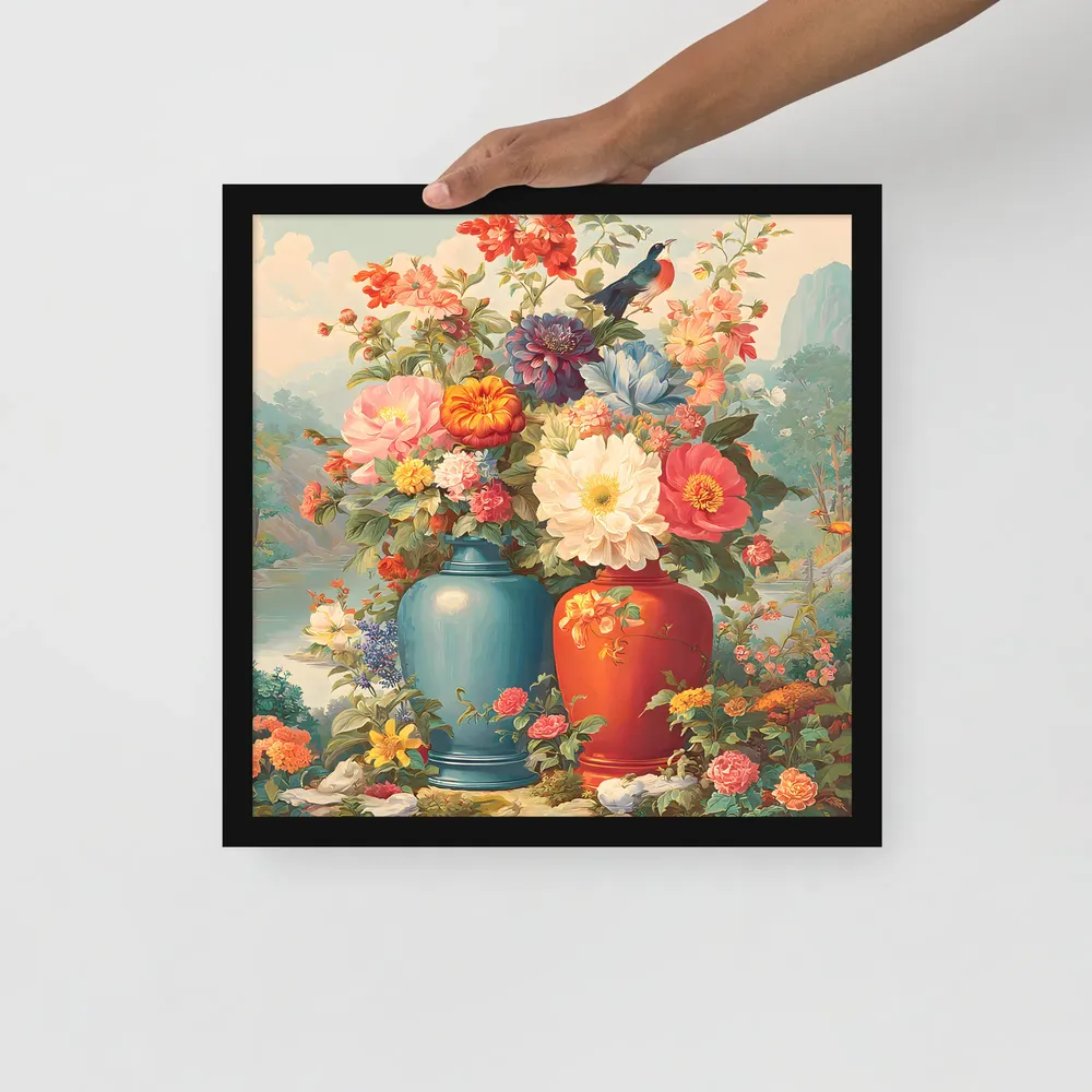 Twin Vases in Bloom 
 Poster with Black Frame | 16″x 16″