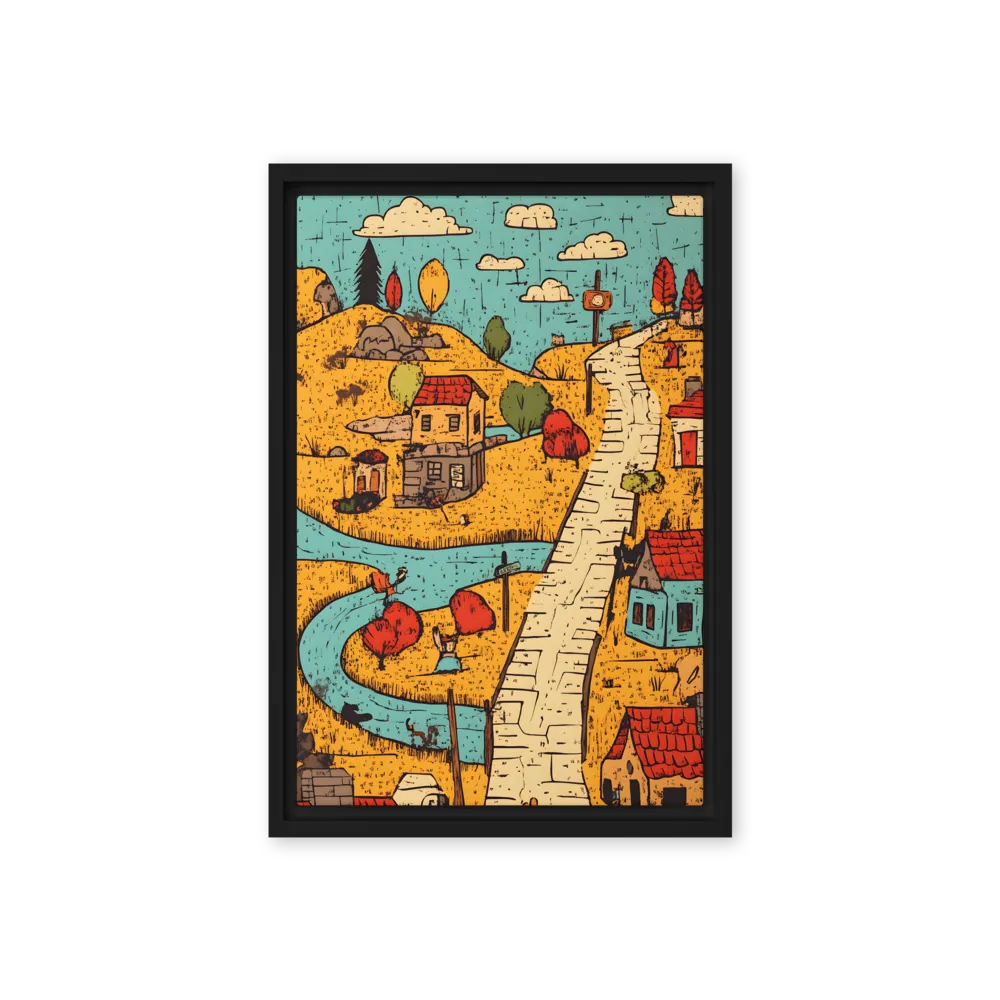 Whimsical Village Landscape | Canvas with Black Frame | 12″×18″