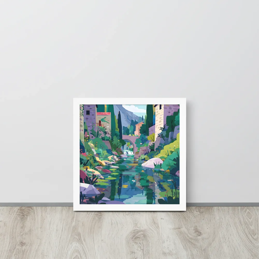 Mountain Village Stream 
 Poster with White Frame | 14″x 14″