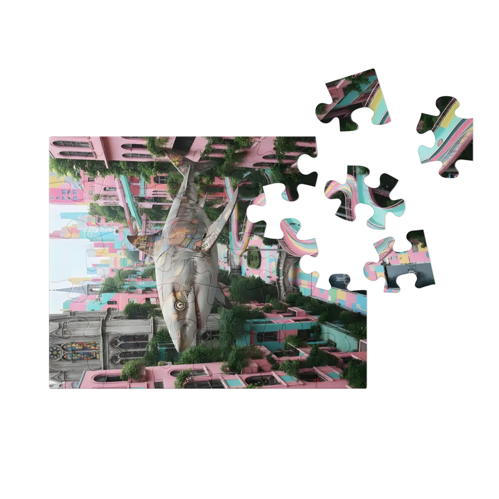 Floating Shark in Pastel City 
 Jigsaw Puzzle in Tin Box