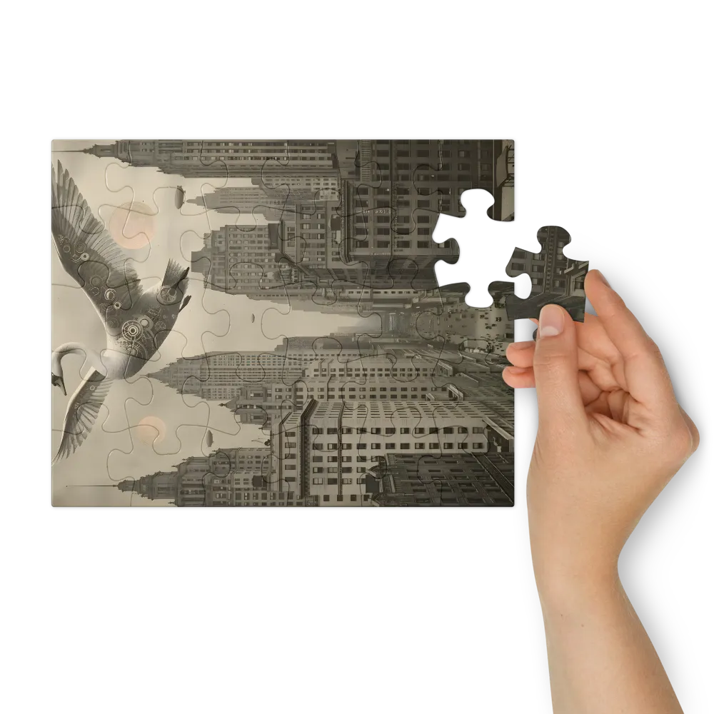 Sepia Swan Over City 
 Jigsaw Puzzle in Tin Box