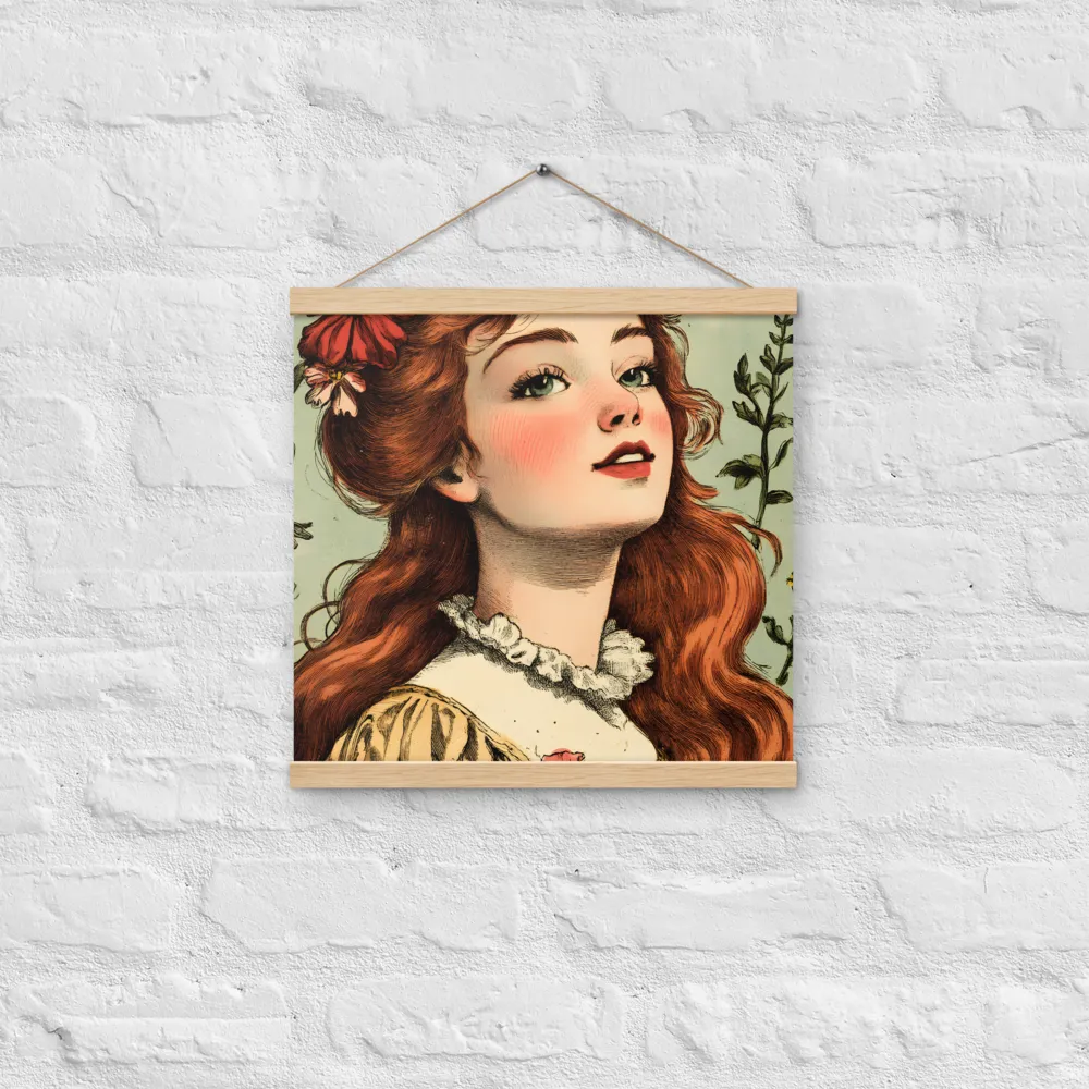 Whimsical Portrait of a Flower-Adorned Girl | Poster With Oak Wood Hanger | 16″×16″