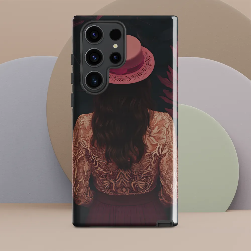 Woman with Pink Hat Among Burgundy Leaves