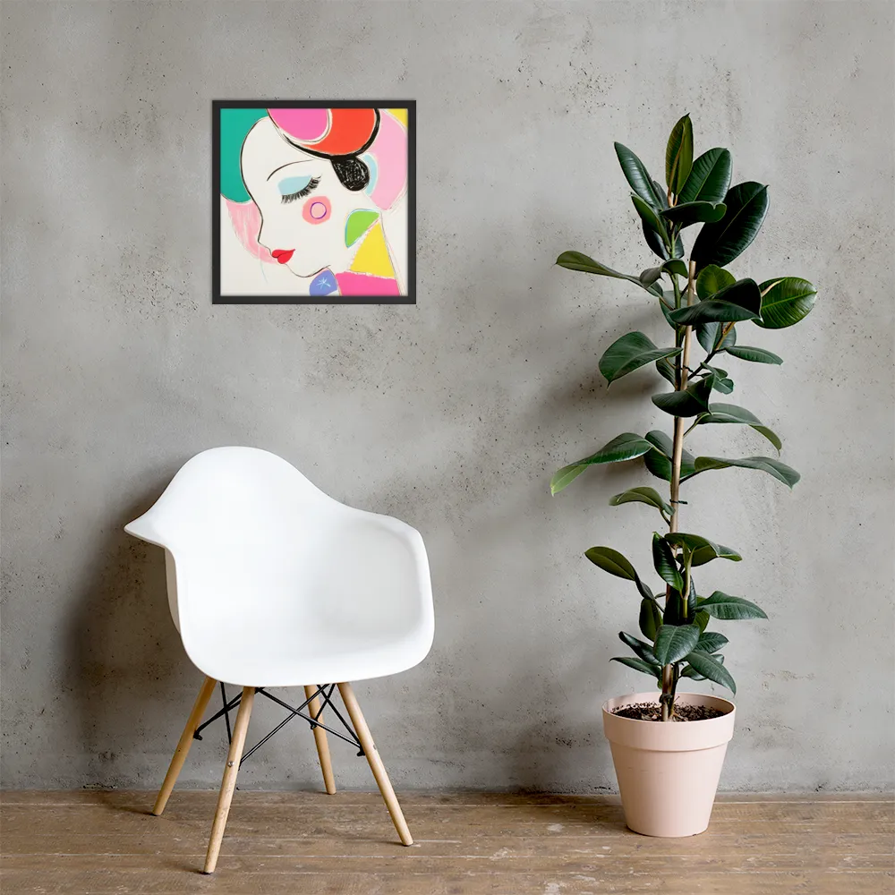 Whimsical Portrait in Colorful Abstraction | Poster with Black Frame | 18″×18″