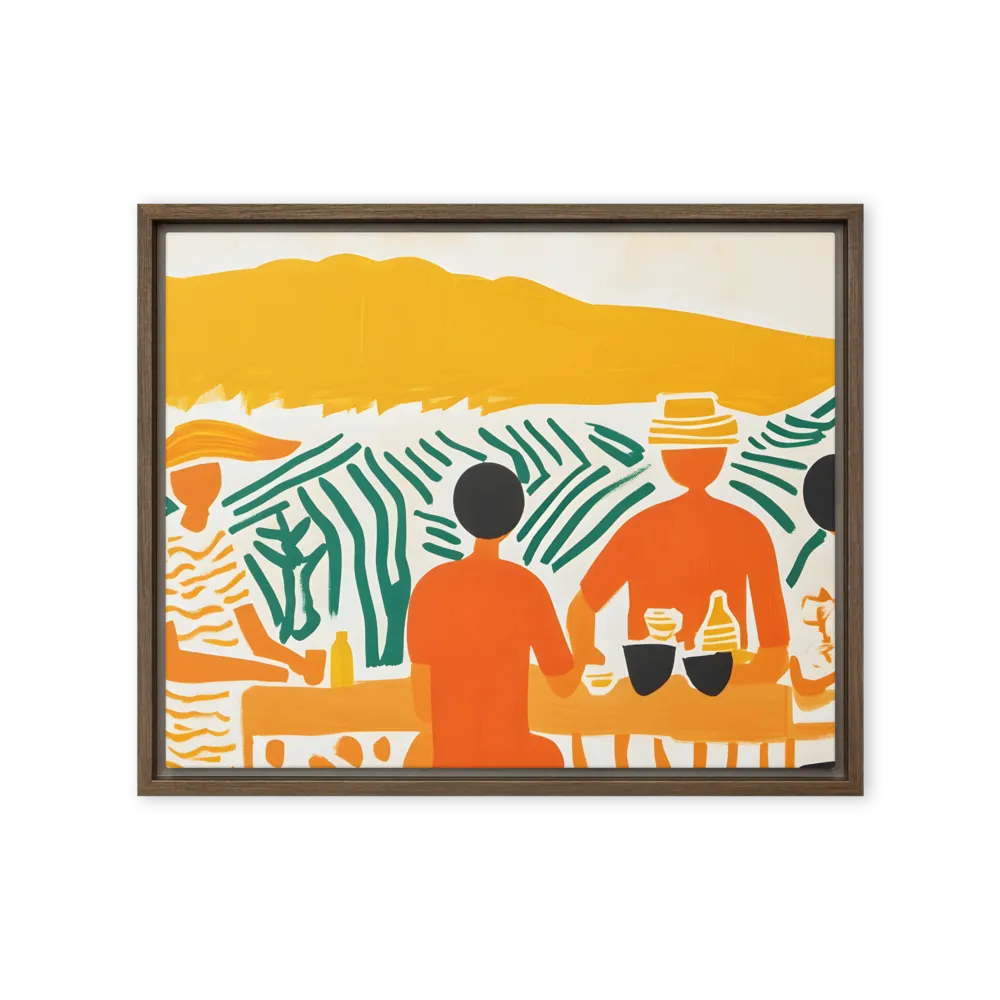 Summer Vibes: Café Conversations | Canvas with Brown Frame | 16″×20″