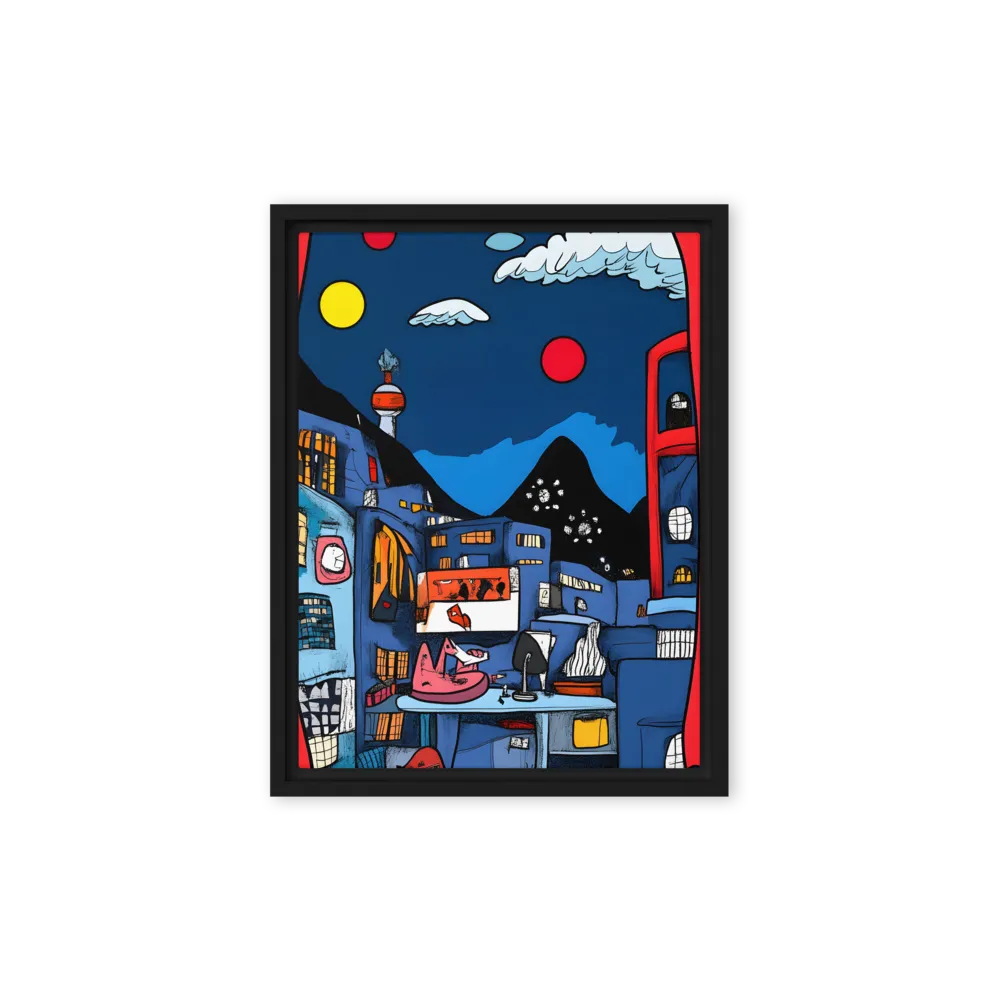 Whimsical Cityscape at Night | Canvas with Black Frame | 9″×12″