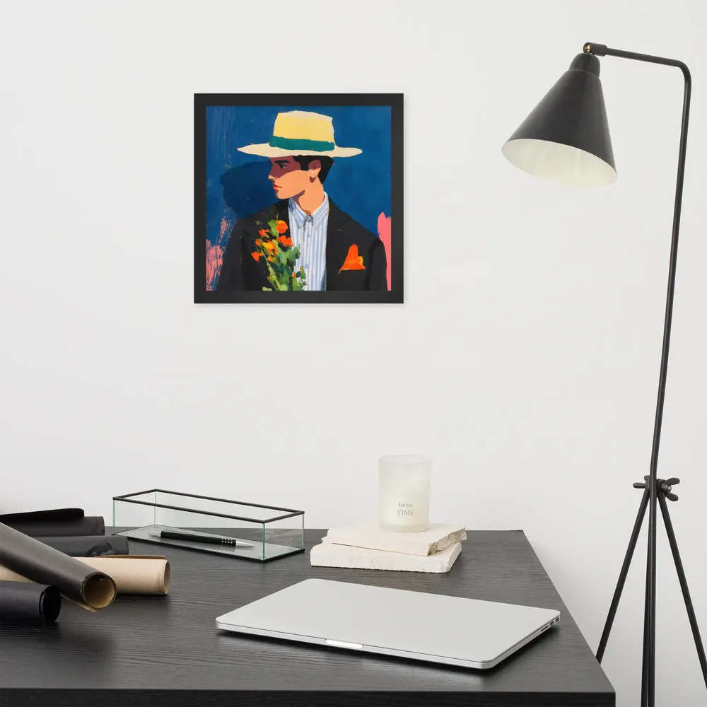 Portrait with Hat and Flowers 
 Poster with Black Frame | 12″x 12″