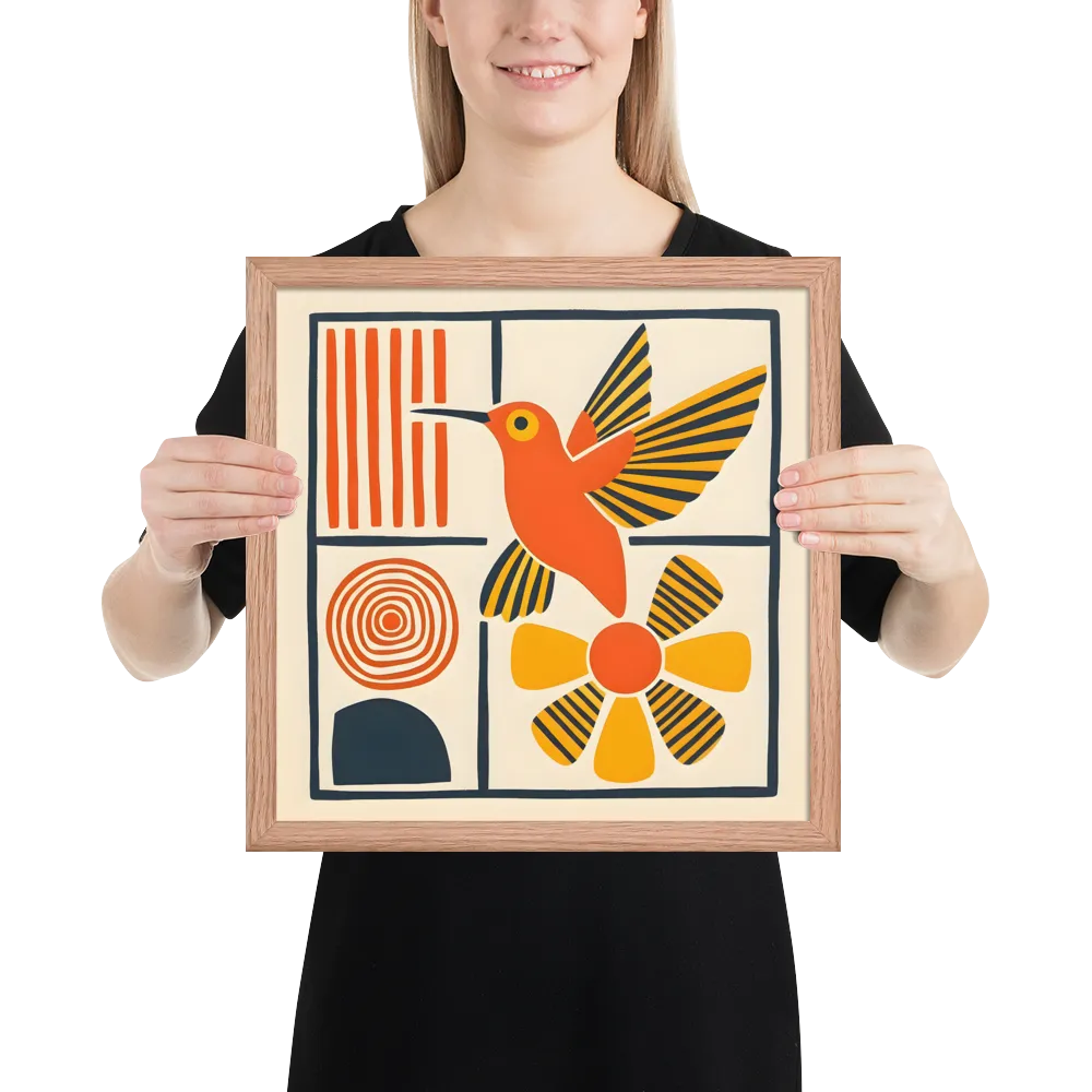 Hummingbird & Flower Panel 
 Poster with Red oak Frame | 14″x 14″