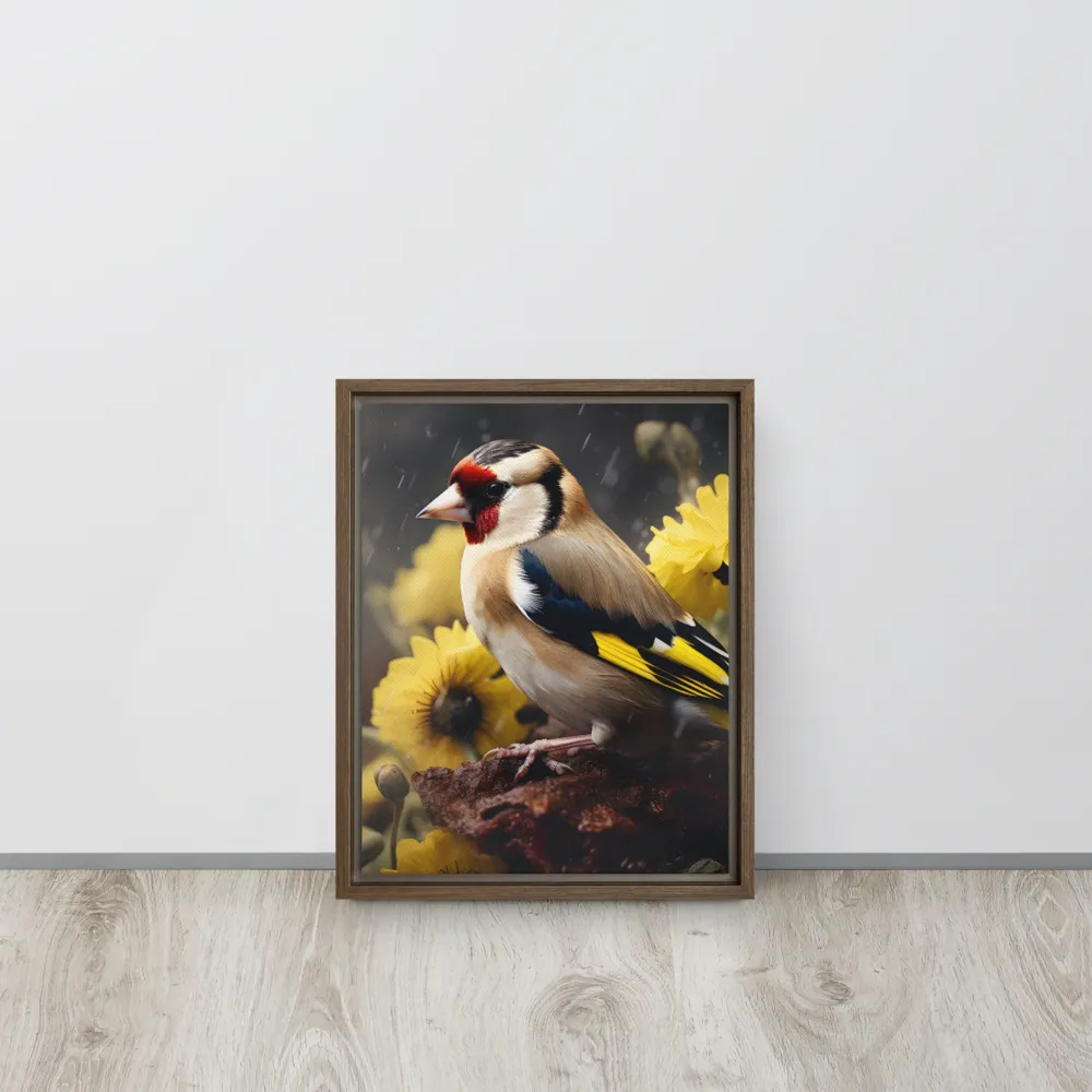 Harmony in Nature: A Goldfinch Amidst Blooms | Canvas with Brown Frame | 11″×14″